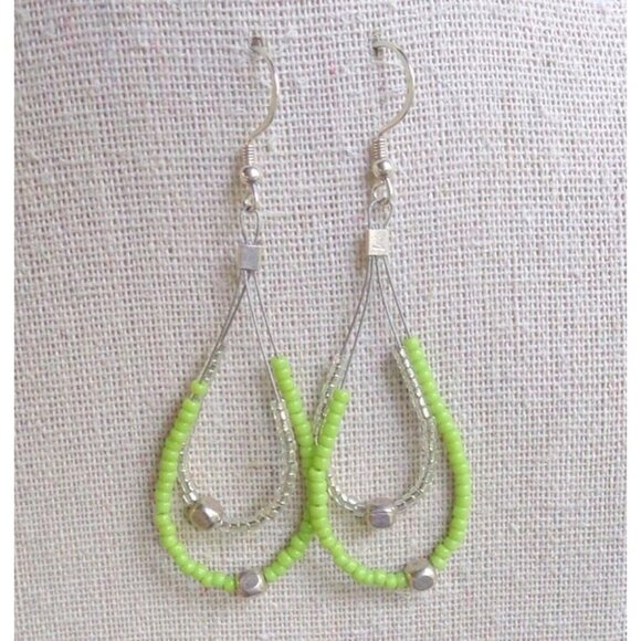 925 Sterling Silver Green & Clear Seed Bead Layered Wire Earrings Dangle Hooks - Picture 1 of 4